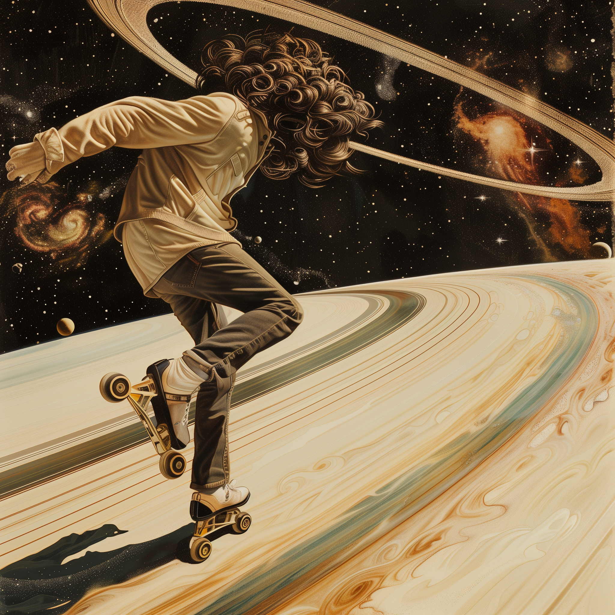 a man with curly dark long hairs on inlineskates drives on saturns ring