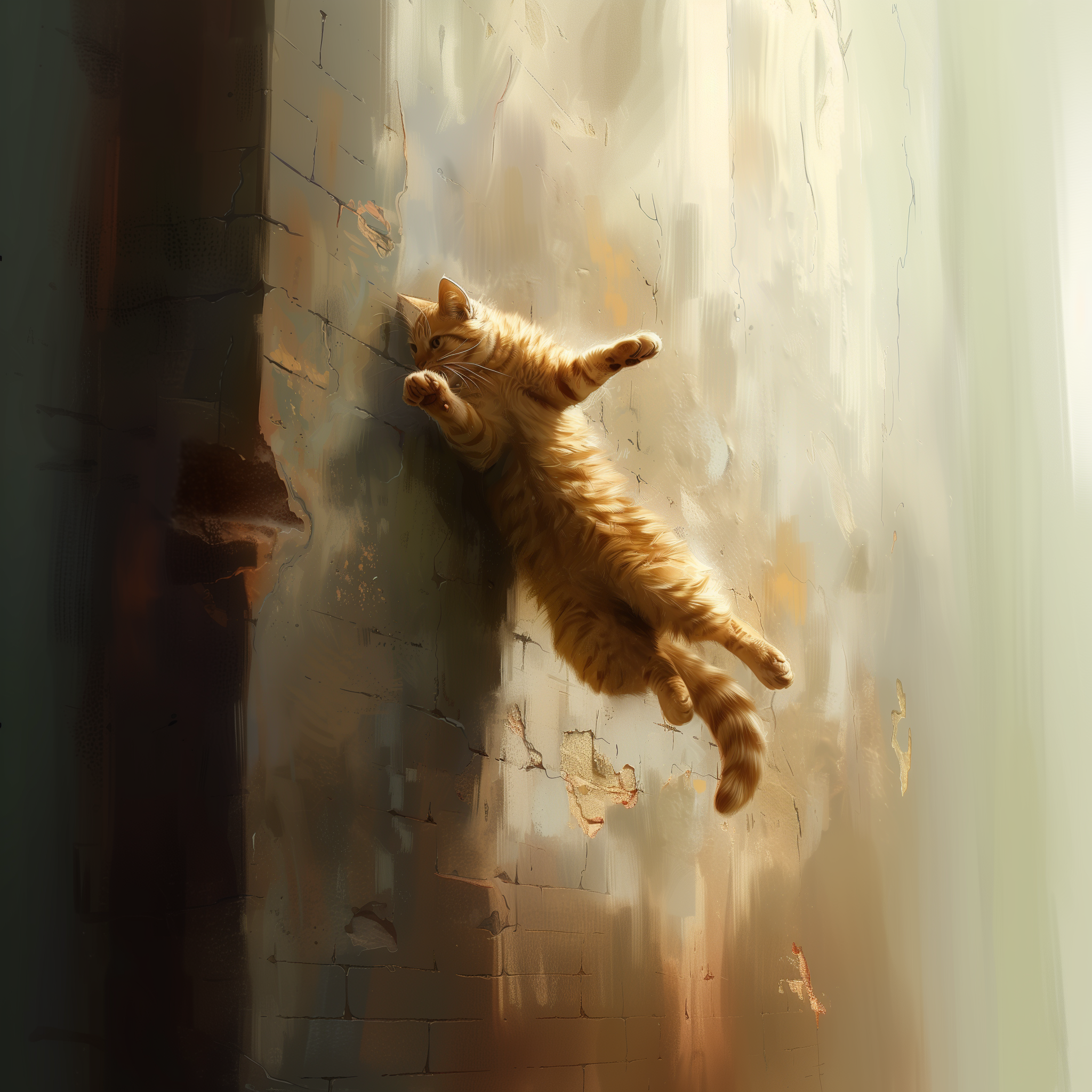 cat jumps against a wall