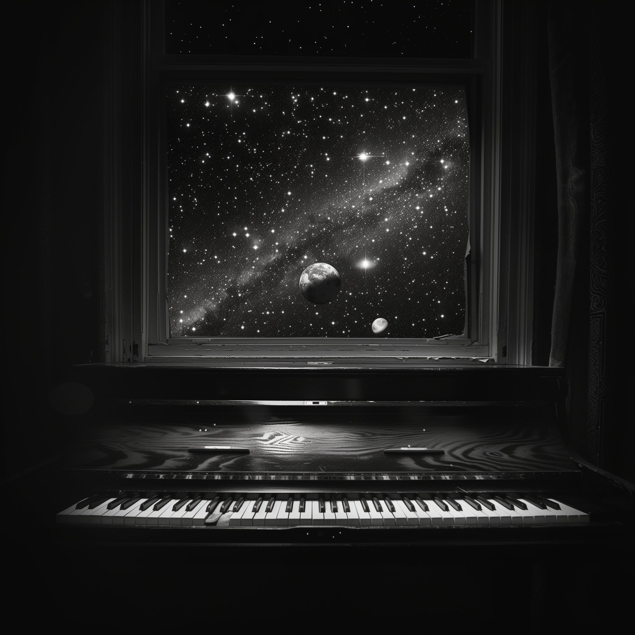 front view on a piano, some keys pressed down, but without a piano player. Above the piano is a window. Outside the wIndow is a straight alignment of planets in the universe. black and white.