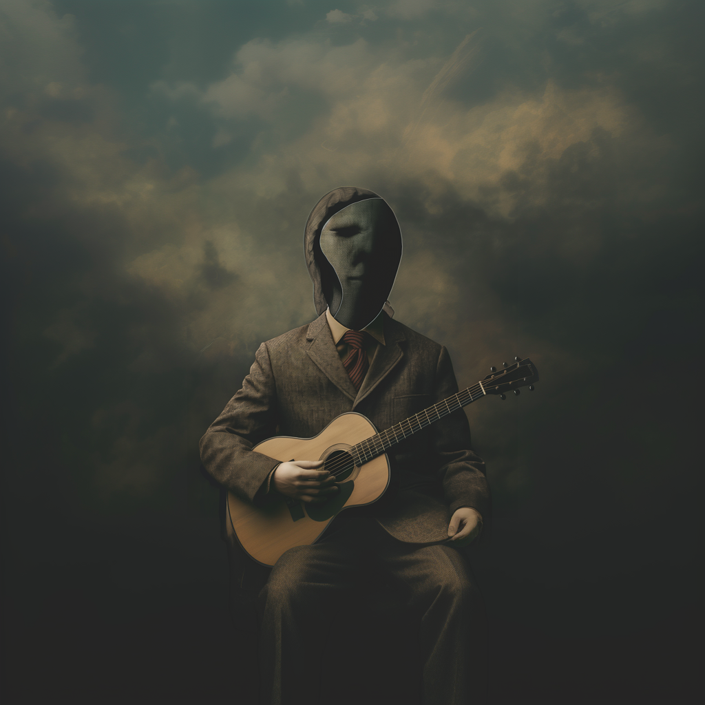 a man playing guitar, weird face